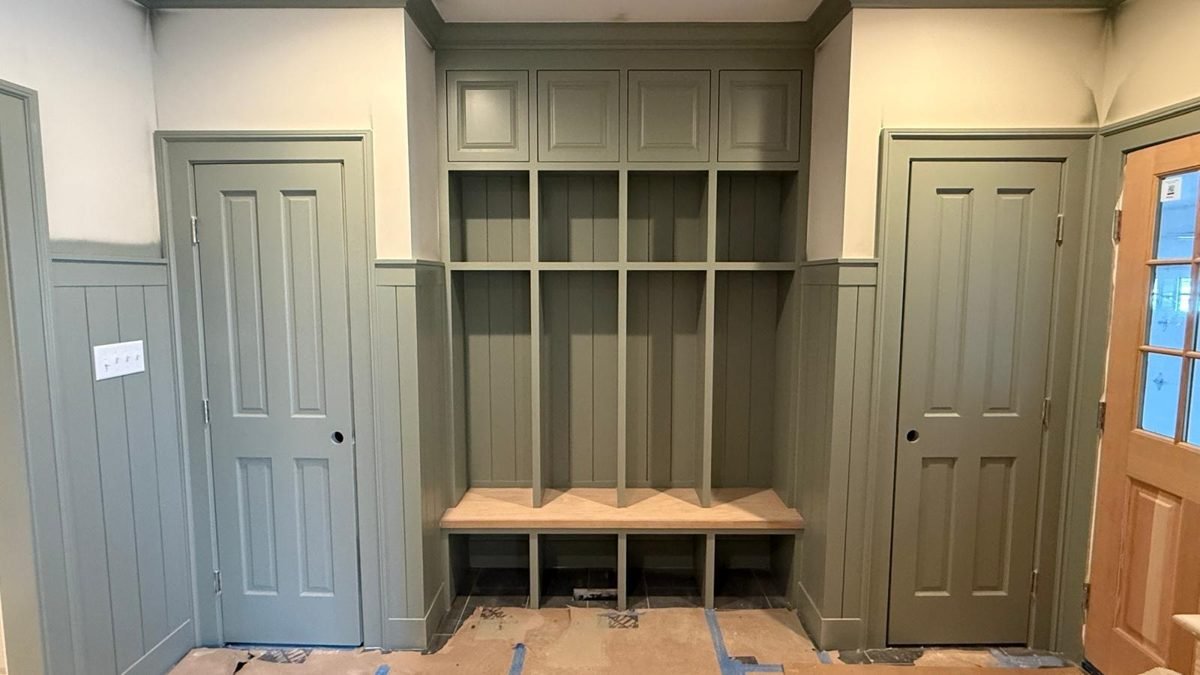 Mudroom lockers in sage green